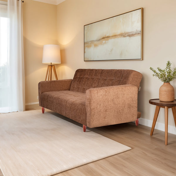 Lisbon  4 Seater Wooden Sofa Cum Bed - ( Premium Molfino Fabric - Beige)