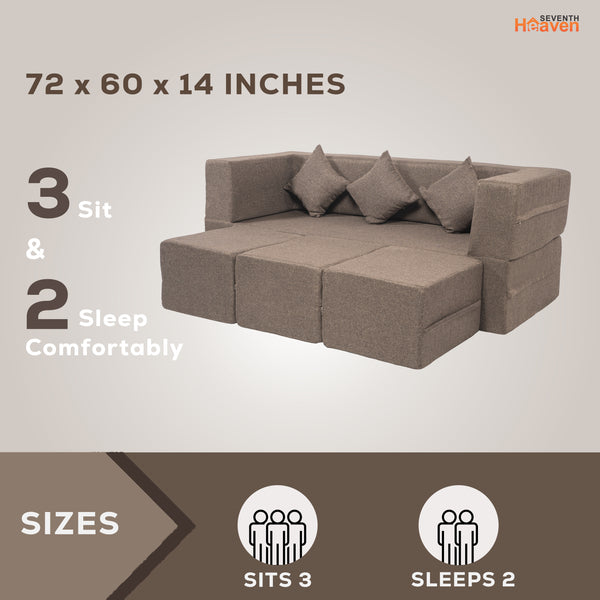Flipper X Sofa Cum Bed - 3 Seater With 3 Ottoman - Plain Cushion (Jute Fabric, Brown )
