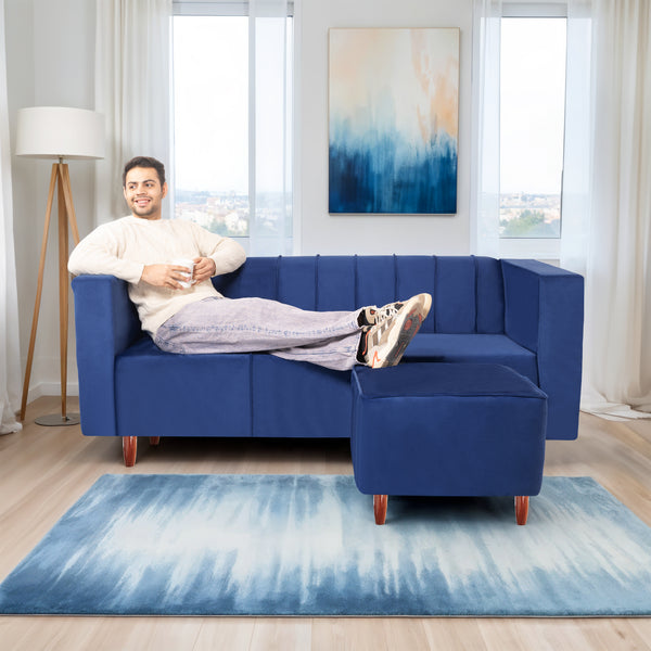 Sydney 4 Seater Sofa with Ottoman- ( Plush Suede Fabric- Blue )