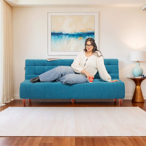 Florida Neo 4 Seater Wooden Sofa Cum Bed - ( Premium Molfino Fabric- Sky Blue )
