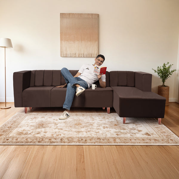 Sydney 6 Seater Sofa Set right corner- ( Plush Suede Fabric- Brown )