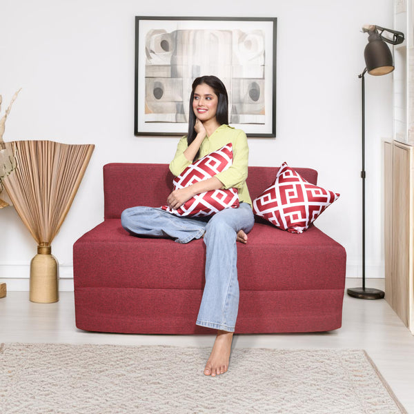 Seventh Heaven 2 Seater 6×4  Premium Jute Fabric Washable Cover Sofa cum Bed 2 Seater Double Foam Fold Out Sofa  Bed With 2 Printed Cushions (Finish Color - Maroon Delivery Condition - Pre-assembled)