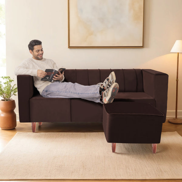 Sydney 4 Seater Sofa with Ottoman- ( Plush Suede Fabric- Brown )