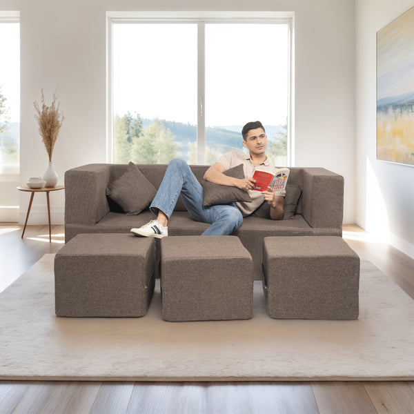 Flipper X Sofa Cum Bed - 3 Seater With 3 Ottoman - Plain Cushion (Jute Fabric, Brown )