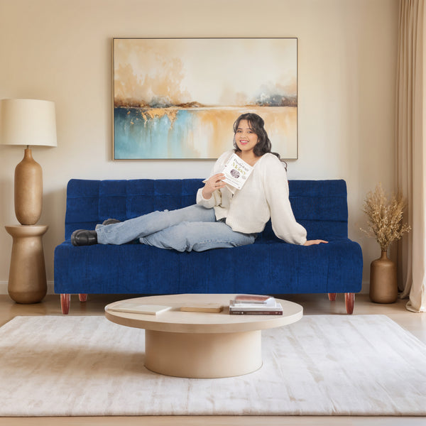 Florida Neo 4 Seater Wooden Sofa Cum Bed - ( Premium Molfino Fabric- Blue )