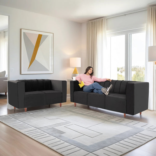 Sydney (3+2) Seater Sofa- ( Plush Suede Fabric- Black )