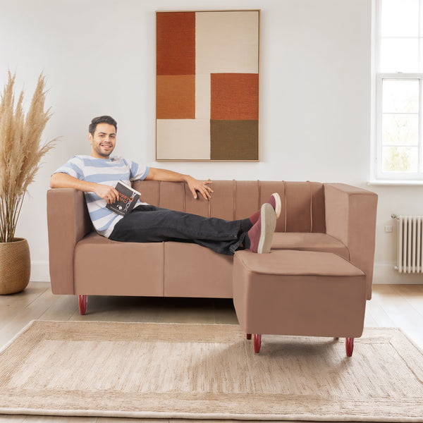 Sydney 4 Seater Sofa with Ottoman- ( Plush Suede Fabric- Beige )