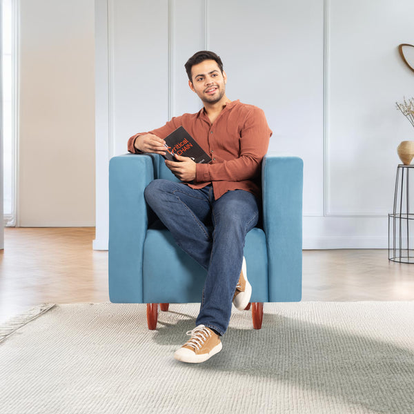 Sydney 1 Seater Sofa- ( Plush Suede Fabric- Sky Blue )