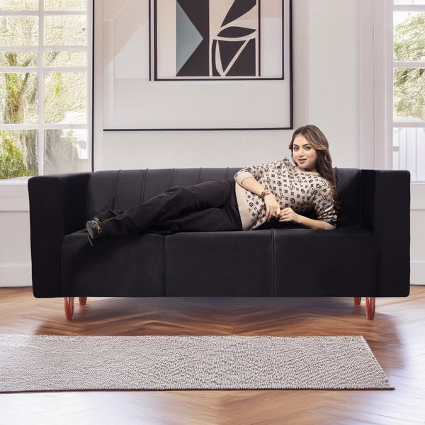 Sydney 3 Seater Sofa- ( Plush Suede Fabric- Black )