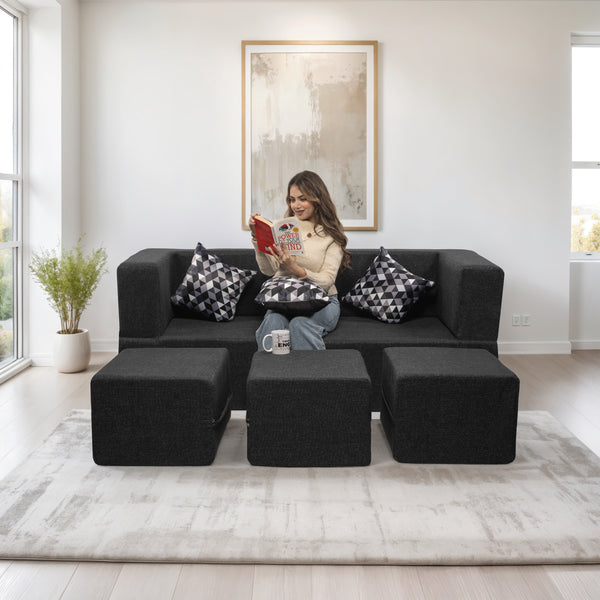 Flipper X Sofa Cum Bed - 3 Seater With 3 Ottoman - Printed Cushions ( Jute Fabric, Dark Grey )