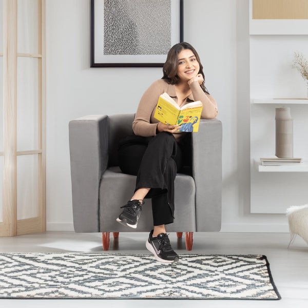 Sydney 1 Seater Sofa- ( Plush Suede Fabric- Grey )
