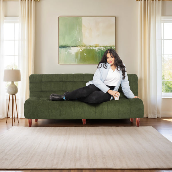 Florida Neo 4 Seater Wooden Sofa Cum Bed - ( Premium Molfino Fabric- Green )