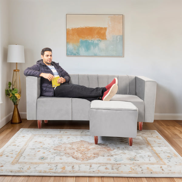 Sydney 4 Seater Sofa with Ottoman- ( Plush Suede Fabric- Grey )