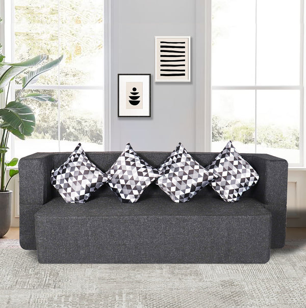 Flipper X Sofa Cum Bed Cover - 4 Seater, Printed Cushion ( Jute Fabric, Dark Grey )