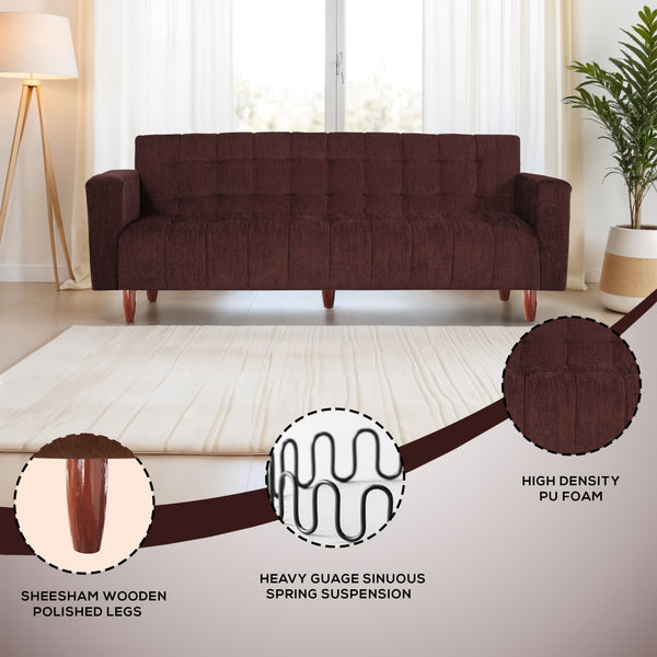 Lisbon Neo 3 Seater Wooden Sofa Cum Bed - ( Premium Molfino Fabric- Brown )