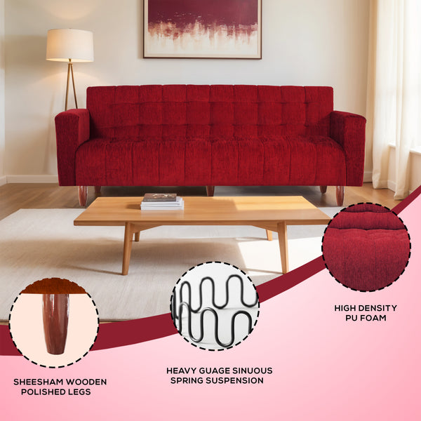 Lisbon Neo 4 Seater Wooden Sofa Cum Bed - ( Premium Molfino Fabric- Maroon )