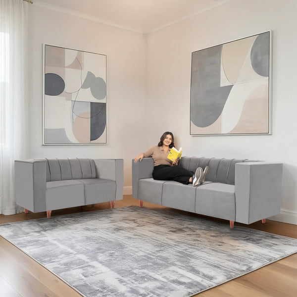 Sydney (3+2) Seater Sofa- ( Plush Suede Fabric- Grey)