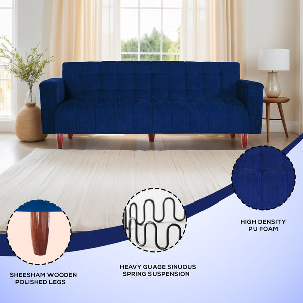 Lisbon Neo 3 Seater Wooden Sofa Cum Bed - ( Premium Molfino Fabric- Blue )