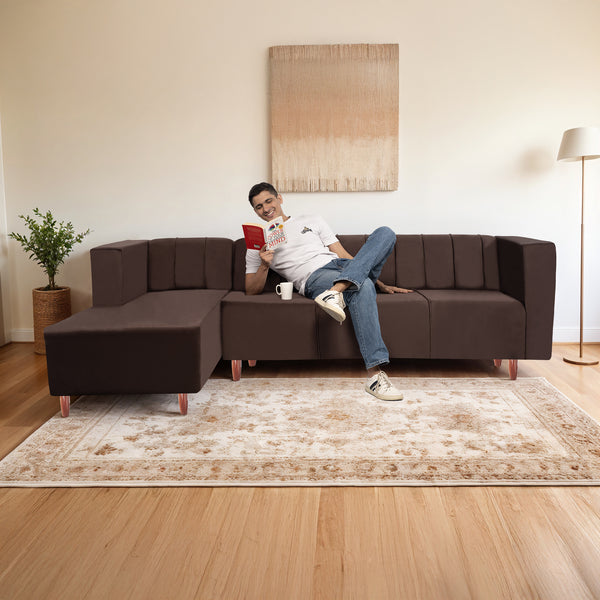 Sydney 6 Seater Sofa left corner- ( Plush Suede Fabric- Brown )