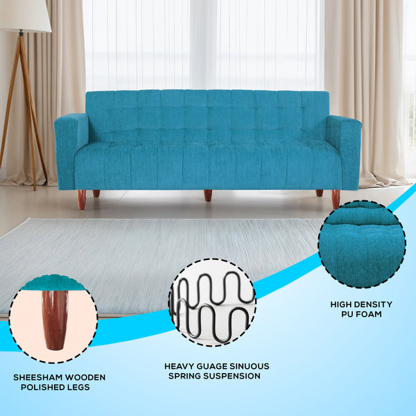 Lisbon Neo 3 Seater Wooden Sofa Cum Bed - ( Premium Molfino Fabric- Sky Blue )