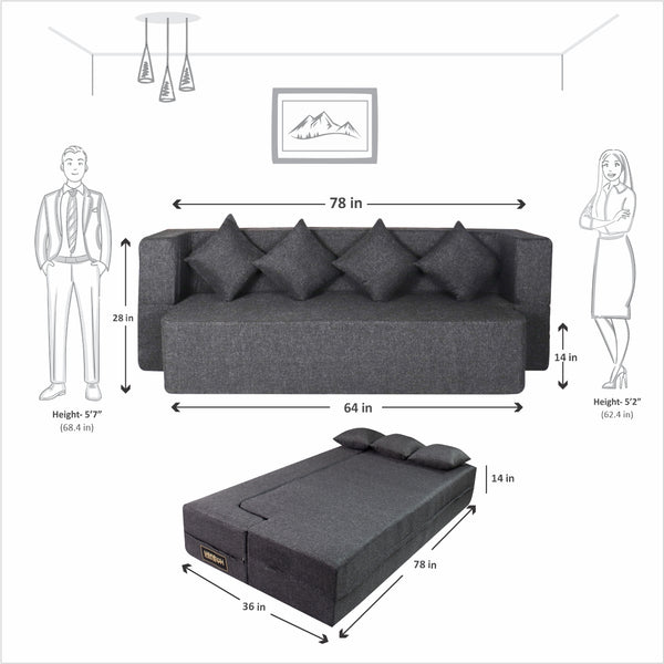 Flipper X Sofa Cum Bed Cover - 4 Seater, Plain Cushion ( Jute Fabric, Dark Grey )