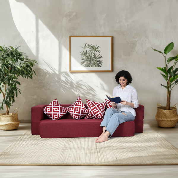 Flipper X Sofa Cum Bed - 4  Seater, Printed Cushion ( Jute Fabric, Maroon )