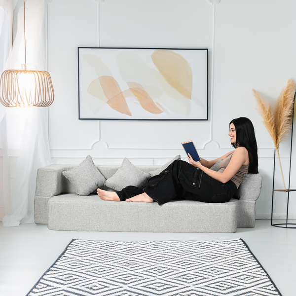 Flipper X Sofa Cum Bed - 4  Seater, Plain Cushion ( Jute Fabric, Light Grey )
