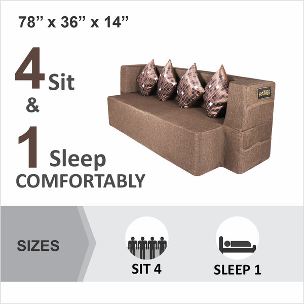 Flipper X Sofa Cum Bed - 4  Seater, Printed Cushion ( Jute Fabric, Brown )