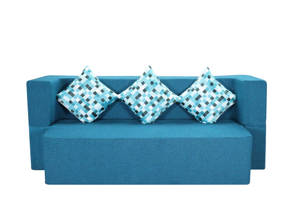 Flipper X Sofa Cum Bed - 3 Seater, Printed Cushion ( Jute Fabric, Sky Blue )
