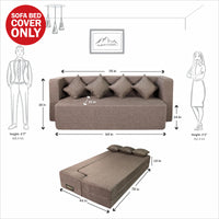 cover of brown jute fabric 78x44x14 flipperx sofa cum bed with 4 plain cushion covers