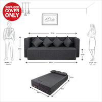 cover of grey jute fabric 78x44x14 flipperx sofa cum bed with 4 plain cushion covers