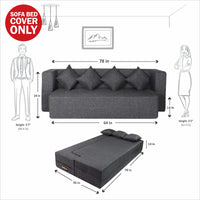cover of grey jute fabric 78x36x14 flipperx sofa cum bed with 4 plain cushion covers