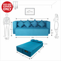 cover of blue jute fabric 78x36x14 flipperx sofa cum bed with 4 plain cushion covers