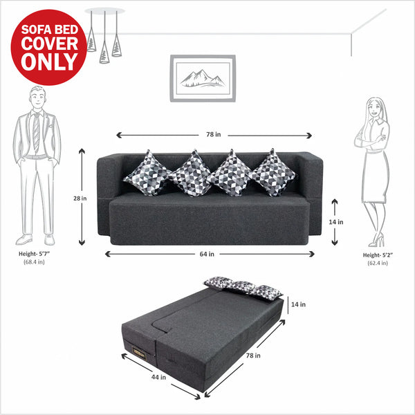 Cover Flipper X Sofa Cum Bed  - 4 Seater, Printed Cushion ( Jute Fabric, Dark Grey )