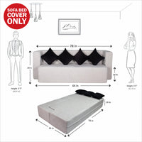 cover of light grey jute fabric 78x36x14 flipperx sofa cum bed with 4 black plain cushion covers