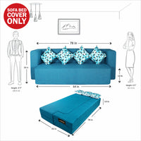 cover of blue jute fabric 78x36x14 flipperx sofa cum bed with 4 printed cushion covers