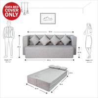 cover of light grey jute fabric 78x44x14 flipperx sofa cum bed with 4 plain cushion covers