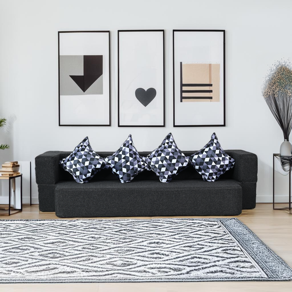 Flipper X Sofa Cum Bed - 4  Seater, Printed Cushion ( Jute Fabric, Dark Grey )