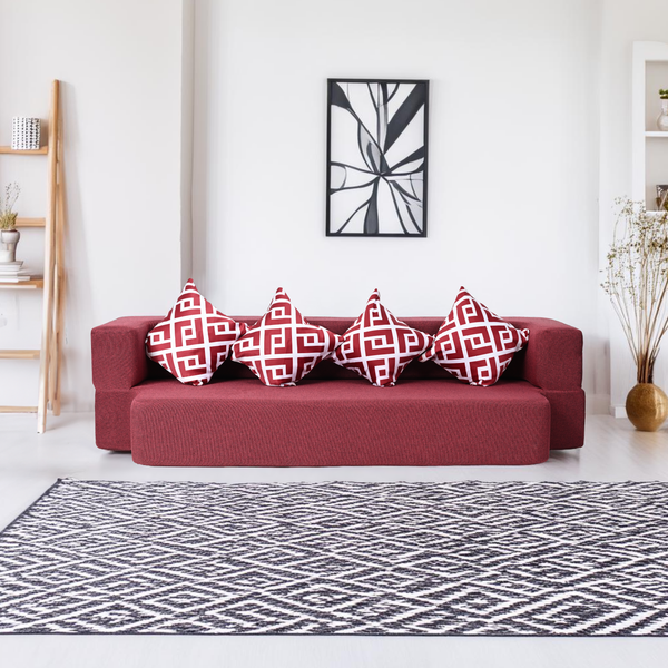 Flipper X Sofa Cum Bed - 4  Seater, Printed Cushion ( Jute Fabric, Maroon )