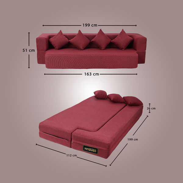 Flipper X Sofa Cum Bed - 4  Seater, Plain Cushion ( Jute Fabric, Maroon )