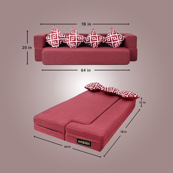 Flipper X Sofa Cum Bed - 4  Seater, Printed Cushion ( Jute Fabric, Maroon )