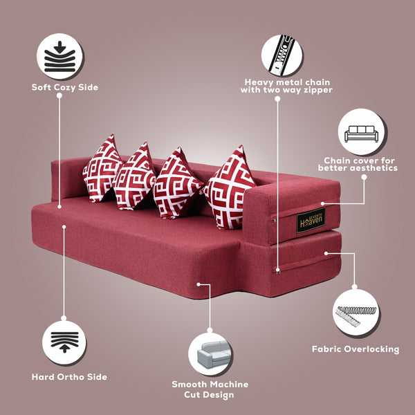 Flipper X Sofa Cum Bed - 4  Seater, Printed Cushion ( Jute Fabric, Maroon )