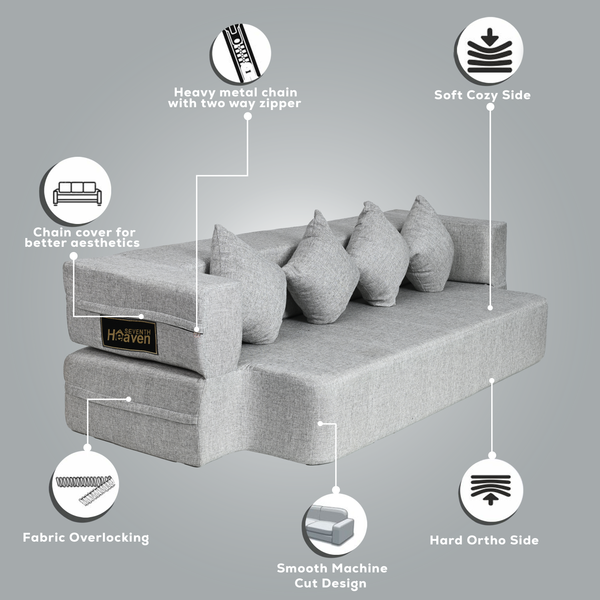 Flipper X Sofa Cum Bed - 4  Seater, Plain Cushion ( Jute Fabric, Light Grey )