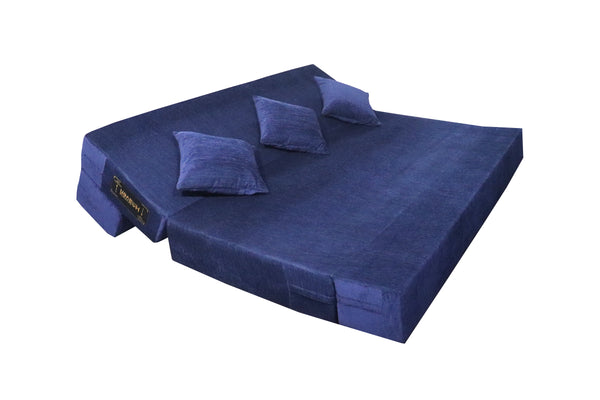 Rejoice Sofa Cum Bed - 4 Seater, Plain Cushion ( Premium Molfino Fabric, Blue )