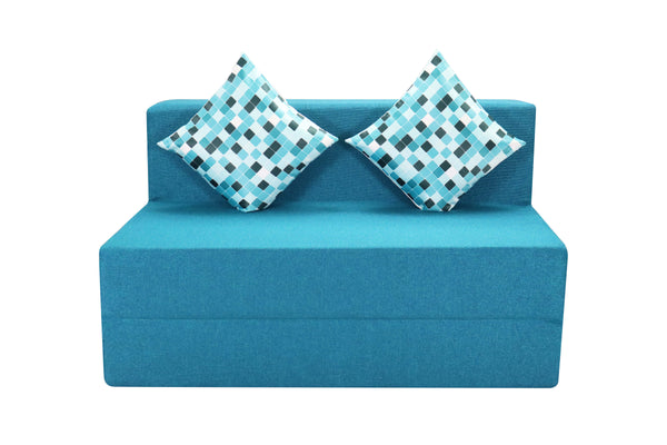 Rejoice Sofa Cum Bed - 2 Seater, Printed Cushion (Jute Fabric- Sky Blue)