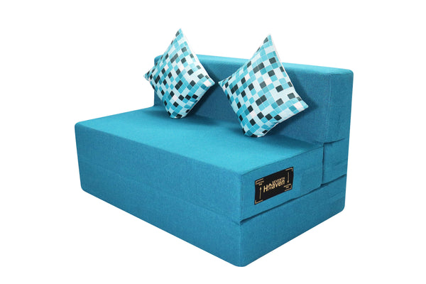 Rejoice Sofa Cum Bed - 2 Seater, Printed Cushion (Jute Fabric- Sky Blue)