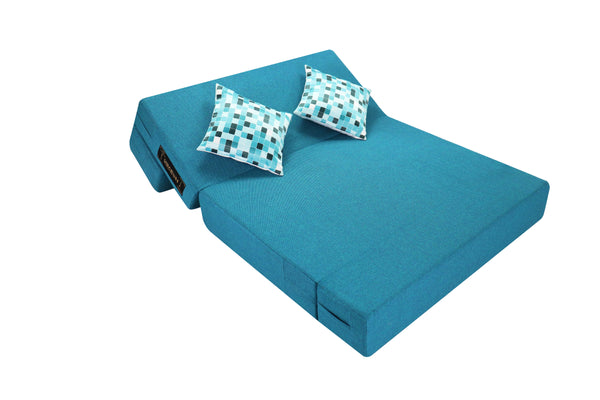 Rejoice Sofa Cum Bed - 2 Seater, Printed Cushion (Jute Fabric- Sky Blue)