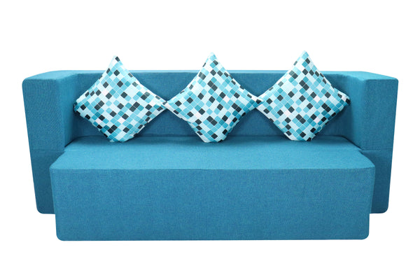 Flipper X Sofa Cum Bed - 3 Seater, Printed Cushion ( Jute Fabric, Sky Blue )