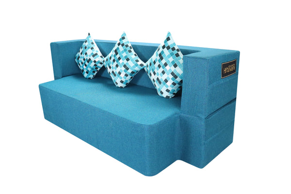 Flipper X Sofa Cum Bed - 3 Seater, Printed Cushion ( Jute Fabric, Sky Blue )
