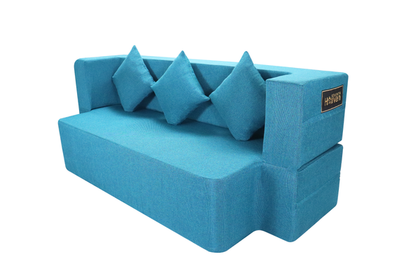 Flipper X Sofa Cum Bed - 3 Seater, Plain Cushion ( Jute Fabric, Sky Blue )